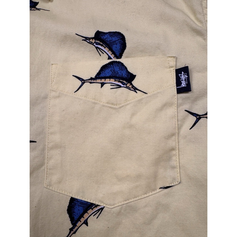Stussy Marlins Hawaiian Button Up Shirt Yellow Medium Skate Fishing Streetwear - Picture 2 of 8